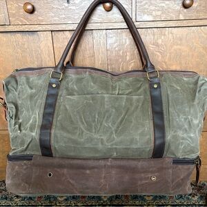 Vintage Waxed Canvas Green Duffle Bag Separate Shoe Compartment